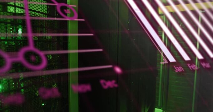 Magenta graphic overlay sliding over server rack, triggered by data stream, showing monthly metrics