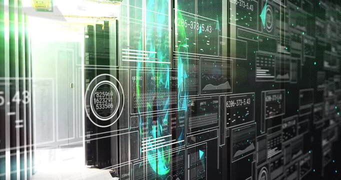 Monitoring system starting HUD overlay over racks in tech, teal column pulsing then settling grid
