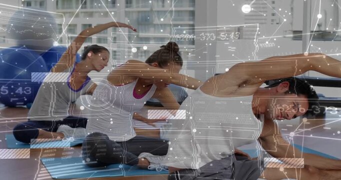 Man leading right-arm overhead side bend deepening peers mirroring, HUD overlay sliding for fitness