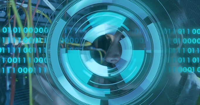 Female tech fixing network cables on phone causing blue HUD binary rings masking face, testing