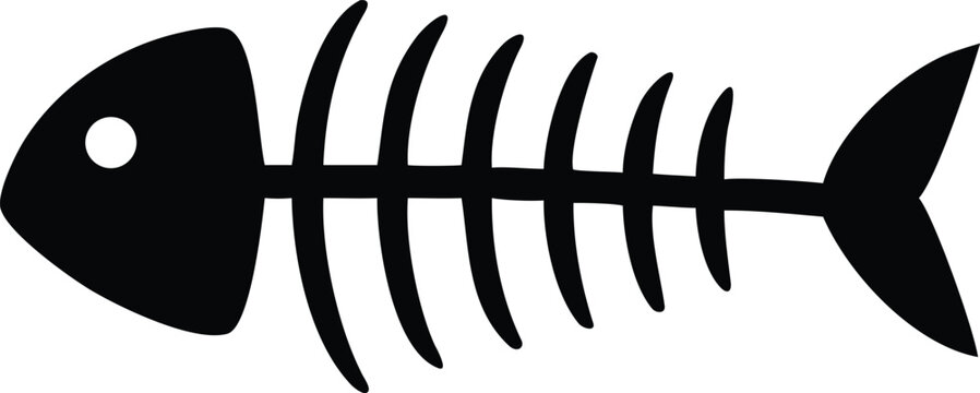 Simple black silhouette of a fish skeleton against a white background
