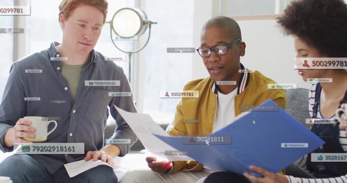 Presenter flipping pages and causing data badges over blue folder for marketing project review