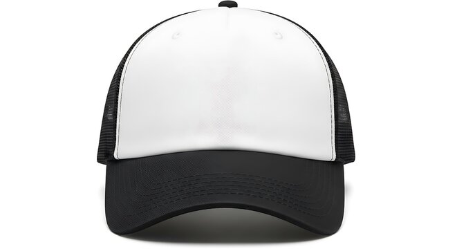 A classic adjustable trucker hat featuring a crisp white front panel and black mesh back illustration
