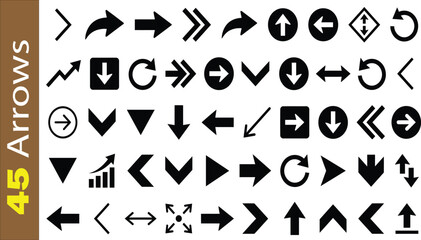 Fototapeta premium A comprehensive collection of flat vector alphabet letters and web icon signs featuring black arrow symbols, play buttons, and directional cursor pointers for modern graphic design illustration