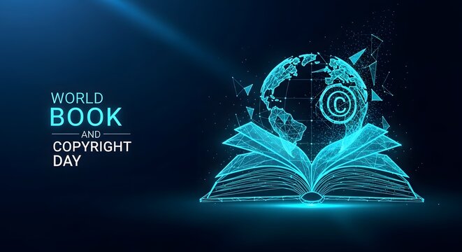 World book and copyright day concept with digital earth and open book high quality 4K AI generated