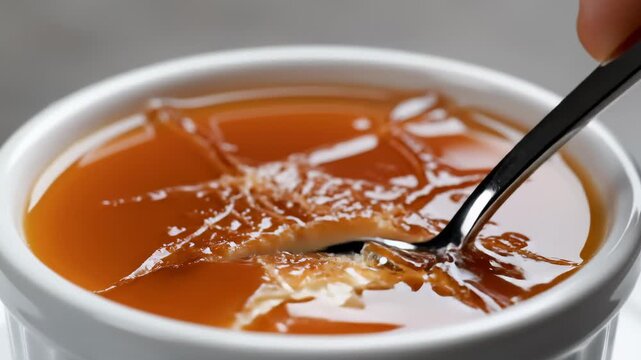 Close-Up of a Spoon Scooping a Piece of Caramel Custard Dessert From a White Ramekin