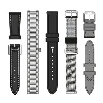 Collection of diverse watch straps: leather, metal, fabric, and rubber.