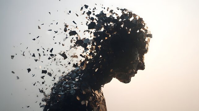 光の中で崩れる人物シルエット 抽象的な変化と再生のイメージ