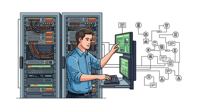 IT professional works with server racks and network diagram, data center technology concept