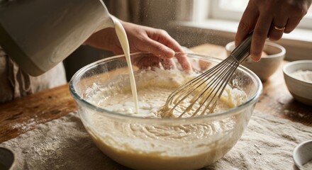 Fototapeta premium Cose up of milk being poured into batter in glass bowl while whisking. Smooth mixing motion, soft natural light, creamy texture forming in warm cozy kitchen scene. 