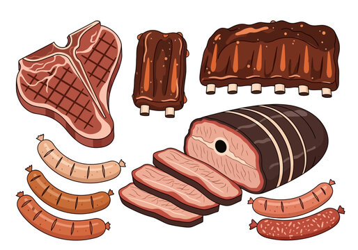 Assortment of grilled and roasted meats including a Tbone steak ribs brisket and various sausages