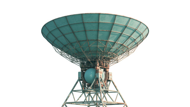 Large satellite dish antenna on metal tower at night isolated on a transparent background