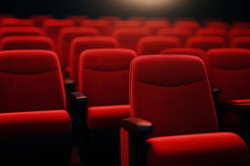 Fototapeta premium movie hall geometry empty movie theater auditorium rows plush red velvet seats modern cinema interior cinematic atmosphere