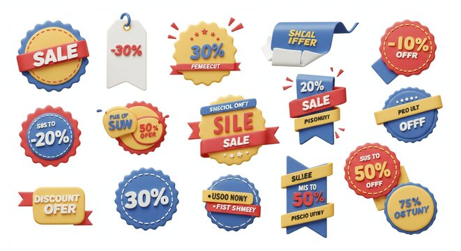 Discount labels with various percentages displayed on colorful stickers and ribbons