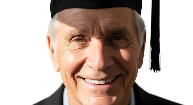 Smiling senior man in graduation cap.