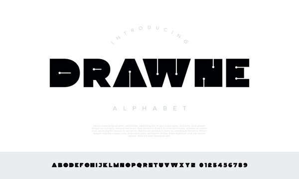 Drawne heavy block display font with circuit dots alphabet for tech hardware and modern digital electronic logo design