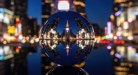 Fototapeta premium Cityscape Reflection in Glass Ball at Night.