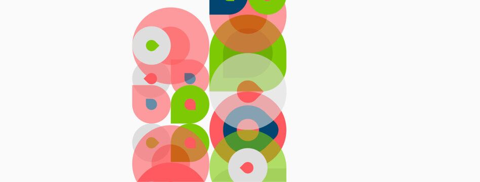 Abstract composition featuring overlapping circles. Colors include pinks, greens, oranges, blues, creating dynamic visual texture. Simple, modern design.