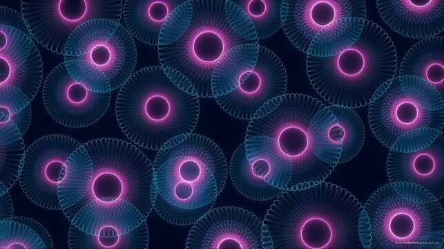 Abstract neon pink glowing circles with dark spheres on deep blue background. Futuristic digital bubble pattern design perfect for technology science and modern wallpaper projects.