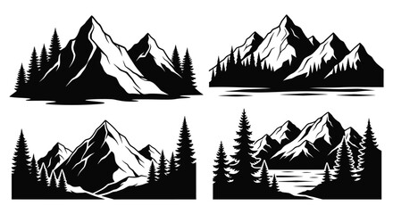 Four black and white mountain range designs featuring trees and water reflections presented as a striking silhouette high quality professional detailed © sakib