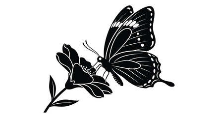 A delicate butterfly rests upon a blossoming flower depicted in a striking black and white silhouette high quality professional detailed modern © sakib