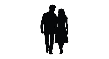 A couple stands closely together facing each other depicted as a stark black shape against a white background silhouette high quality © sakib