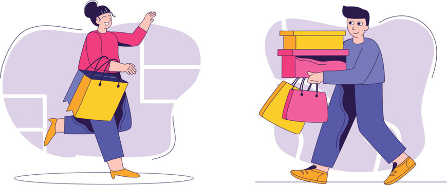 Cartoon characters carrying shopping bags and packages in a lighthearted and cheerful manner