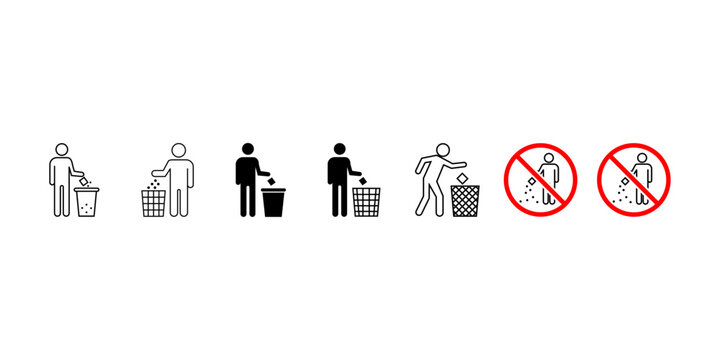 Littering and waste disposal icon set, black and white trash bin symbols, no littering prohibition signs, garbage disposal pictograms for signage