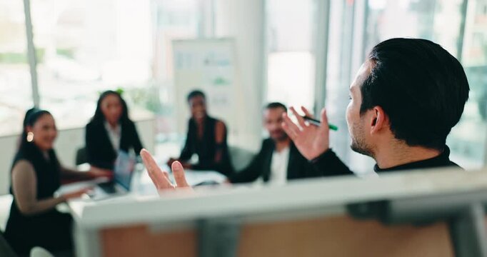 Businessman, meeting and discussion with team on whiteboard for presentation or staff training. Man, speaker or talking with group of employees for project strategy, idea or explanation in workplace