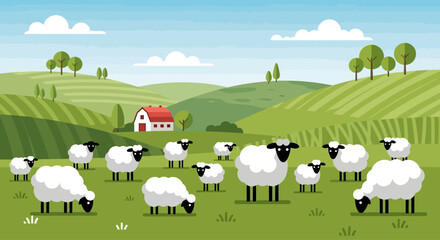 Fluffy Sheep Grazing on Green Rolling Hills with Farmhouse in Scenic Countryside Landscape © Safari