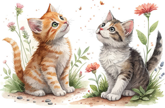 Watercolor Cat Illustration, Cute Domestic Pet, isolated on white background