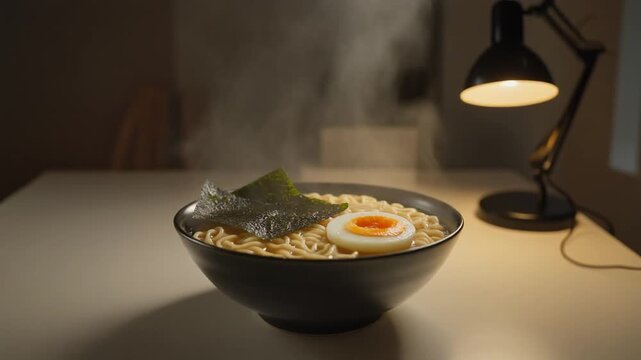 Noodles and Seaweed. Girl Dinner. Food / Technology. Medium shot of a steaming bowl of instant ramen topped with a single sheet of dried seaweed and a boiled egg, set on a minimalist desk
