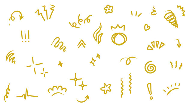 Collection of golden doodle sketch elements: Arrows, swirls, stars, hearts, crowns and other decorative hand-drawn icons isolated on a transparent background