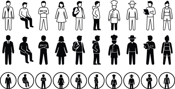 Set of thirty black vector people icons featuring diverse professions and casual poses in outline silhouette and circle styles for UI graphic design projects