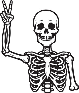 A happy skeleton showing a peace sign hand gesture while smiling at the camera viewer today isolated on transparent background, Vector, illustration