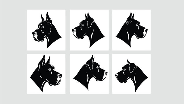 A symmetrical arrangement of six black silhouettes depicting the heads of dobermann pinscher dogs