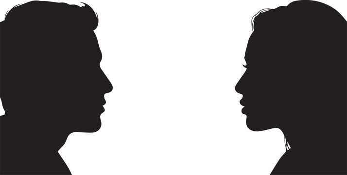 Black silhouette profile heads of a man and a woman facing each other in conversation isolated on transparent background, Vector, illustration