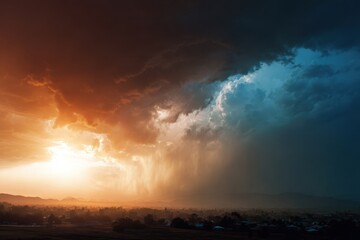 Obraz premium Dramatic Storm Clouds with Sun Rays Over Landscape and Distant Rain