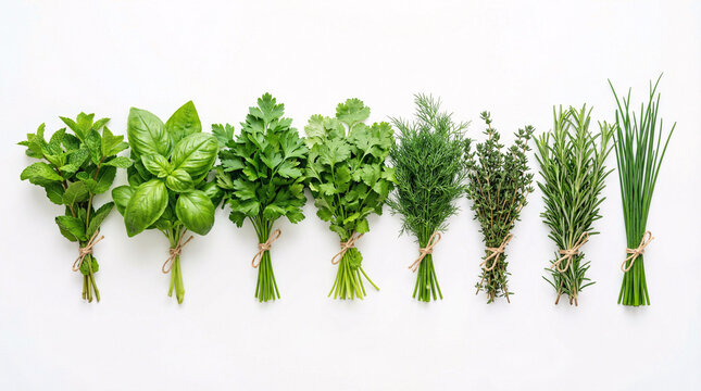 A row of various herbs on a white surface isolated on white background