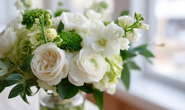 A clean, modern interpretation of white florals layered with fresh green tones and a subtle pop of chartreuse