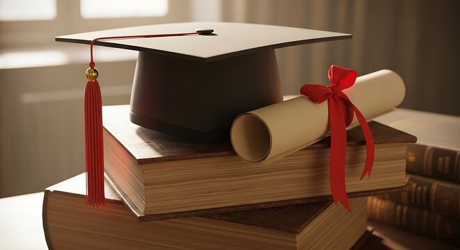 Graduation cap on stack of books.