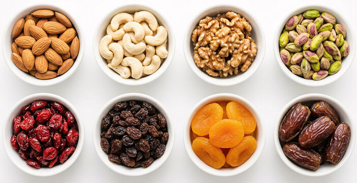 A selection of eight different types of nuts and dried fruits isolated on white background