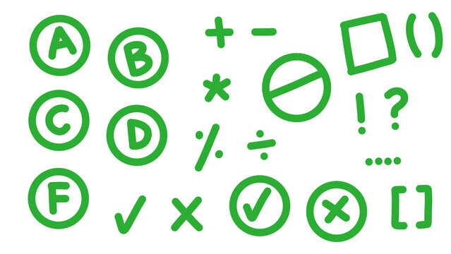 Hand-drawn green math and alphabet symbols, including plus, minus, percentage, ABC, checkmarks and brackets on white background. Transparent.