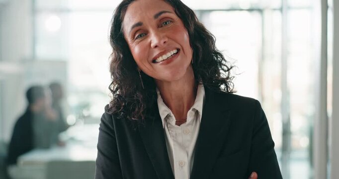 Smile, face or woman in office with arms crossed, pride or ambition as investment advisor. Portrait, meeting or mature finance director with confidence, career or experience in risk management.