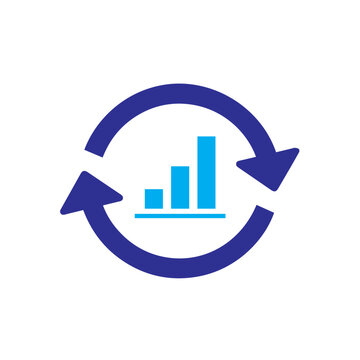 Dark blue and cyan icon shows bidirectional arrows revolving around ascending bar segments signifying recurring financial.