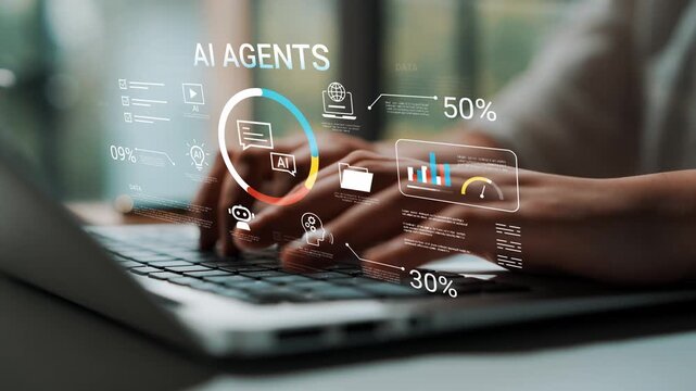 Hands Typing on Laptop with AI Agents Visual Overlays and Data Visualization Elements in Modern Workspace Setting with Natural Light Gluon.