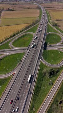 Aerial drone view of a cloverleaf highway interchange.