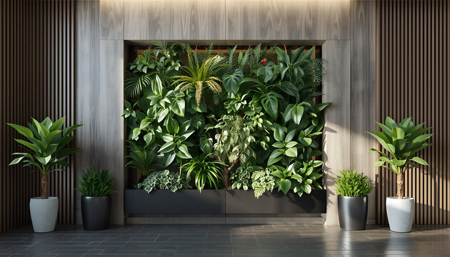 A recessed indoor vertical garden features various green foliage plants set against modern wood paneling.