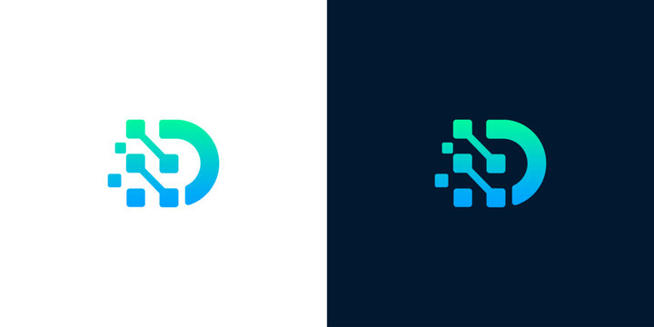 Abstract digital letter D logo design with blue and green gradient, technology and data concept icon