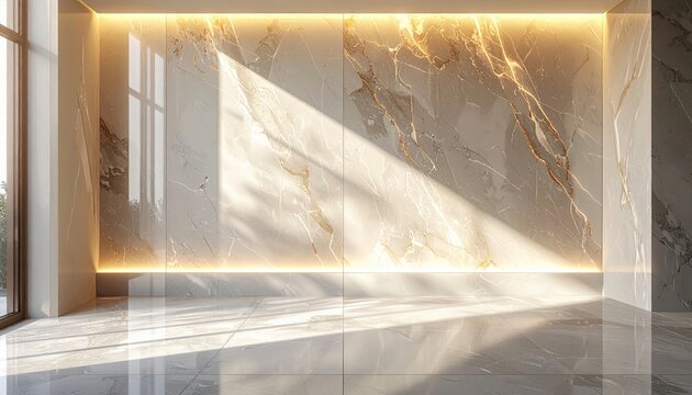 Bright sunlight streams across a polished marble wall and floor creating an inviting and luxurious interior space with warm illumination.
